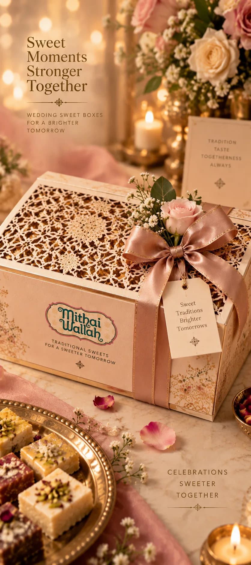 Blush Mithaiwallah wedding gift box with gold lattice lid, rose and baby's breath, satin bow