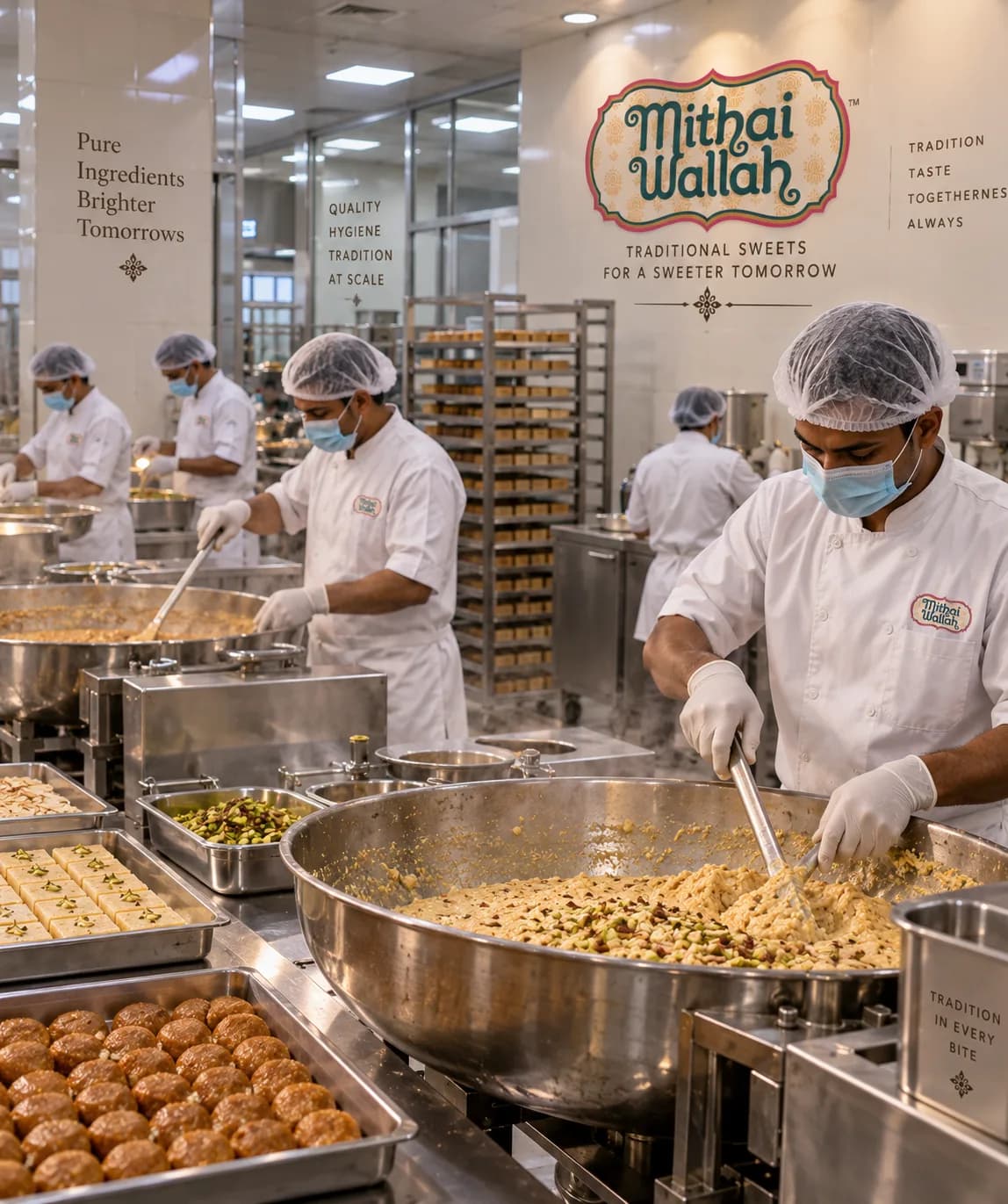 Mithaiwallah production facility with masked, gloved staff preparing sweets in large steel kadhais